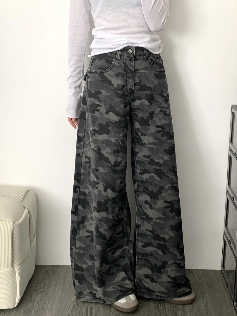 高街美式辣妹宽松阔腿拖地裤秋季新款迷彩牛仔裤女工装裤遮肉显瘦
