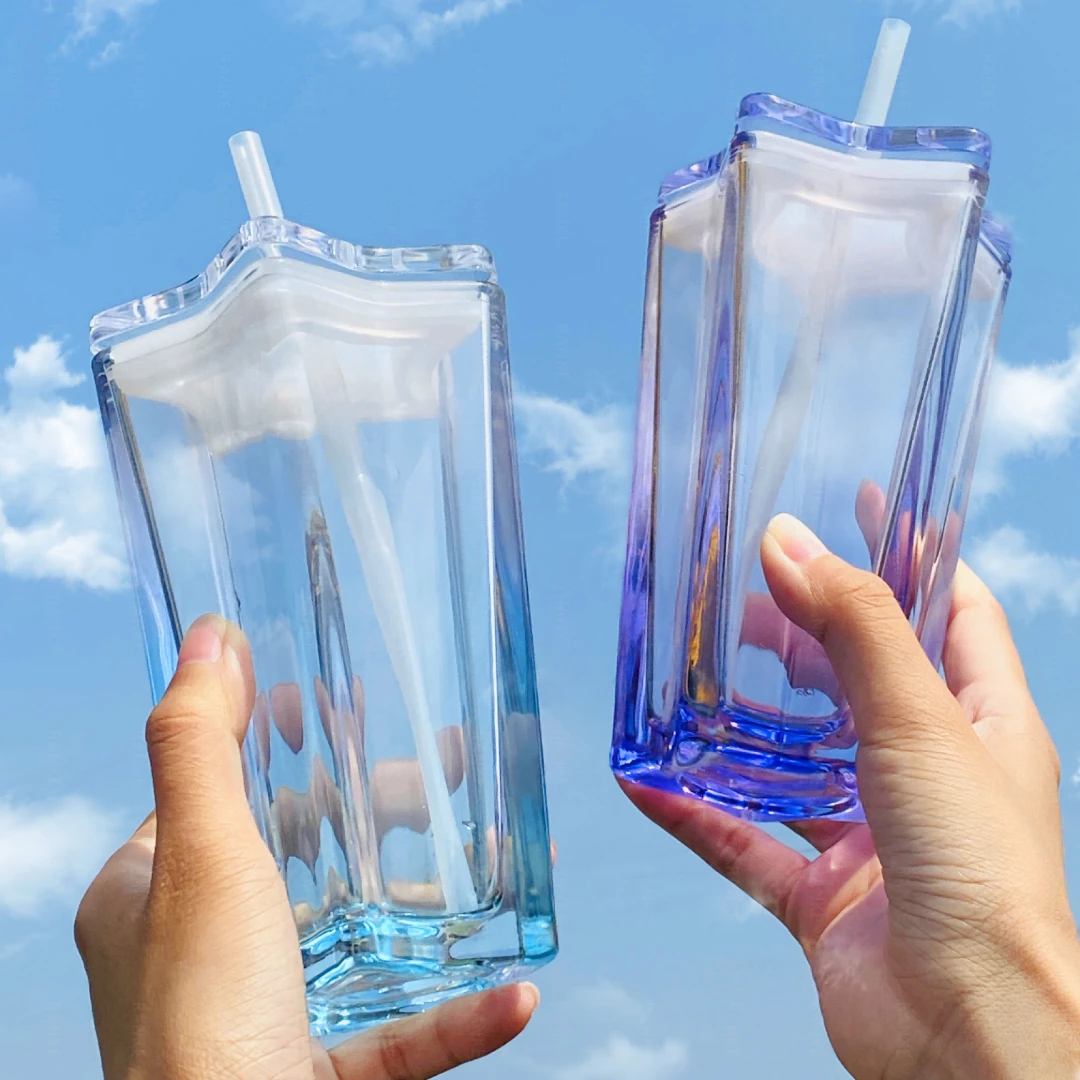 仲夏星空杯带盖玻璃吸管杯渐变色网红吸管杯喝水杯ins玻璃杯茶杯