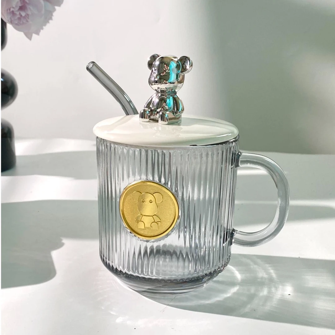 小熊吸管杯网红吸管玻璃杯咖啡杯早餐杯带盖马克杯创意小熊大容量