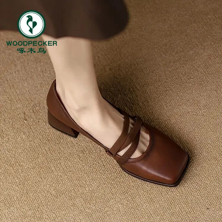 啄木鸟百搭新款女鞋复古风方头粗跟玛丽珍鞋浅口单鞋中跟4cm女鞋