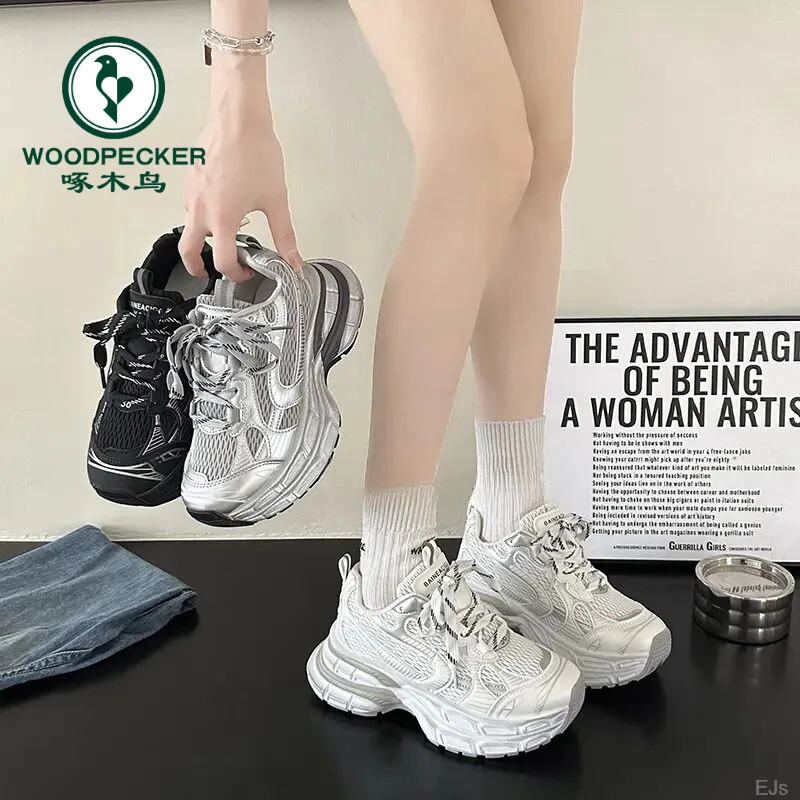 啄木鸟百搭老爹鞋2024夏秋新款网面厚底透气休闲轻便跑步运动鞋