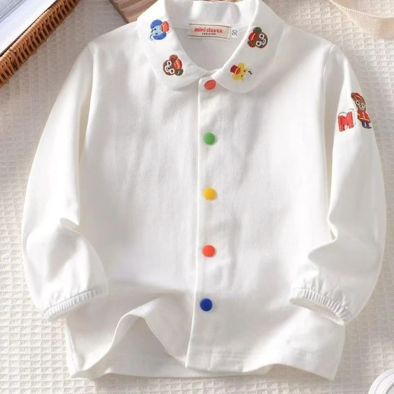 日系宝宝上衣纯棉长袖衬衫春秋男女童衬衣薄款童装T恤小熊刺绣薄