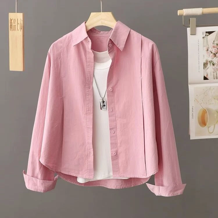 纯棉粉色衬衫女外搭短款小个子上衣2024新款春秋长袖衬衣薄外套