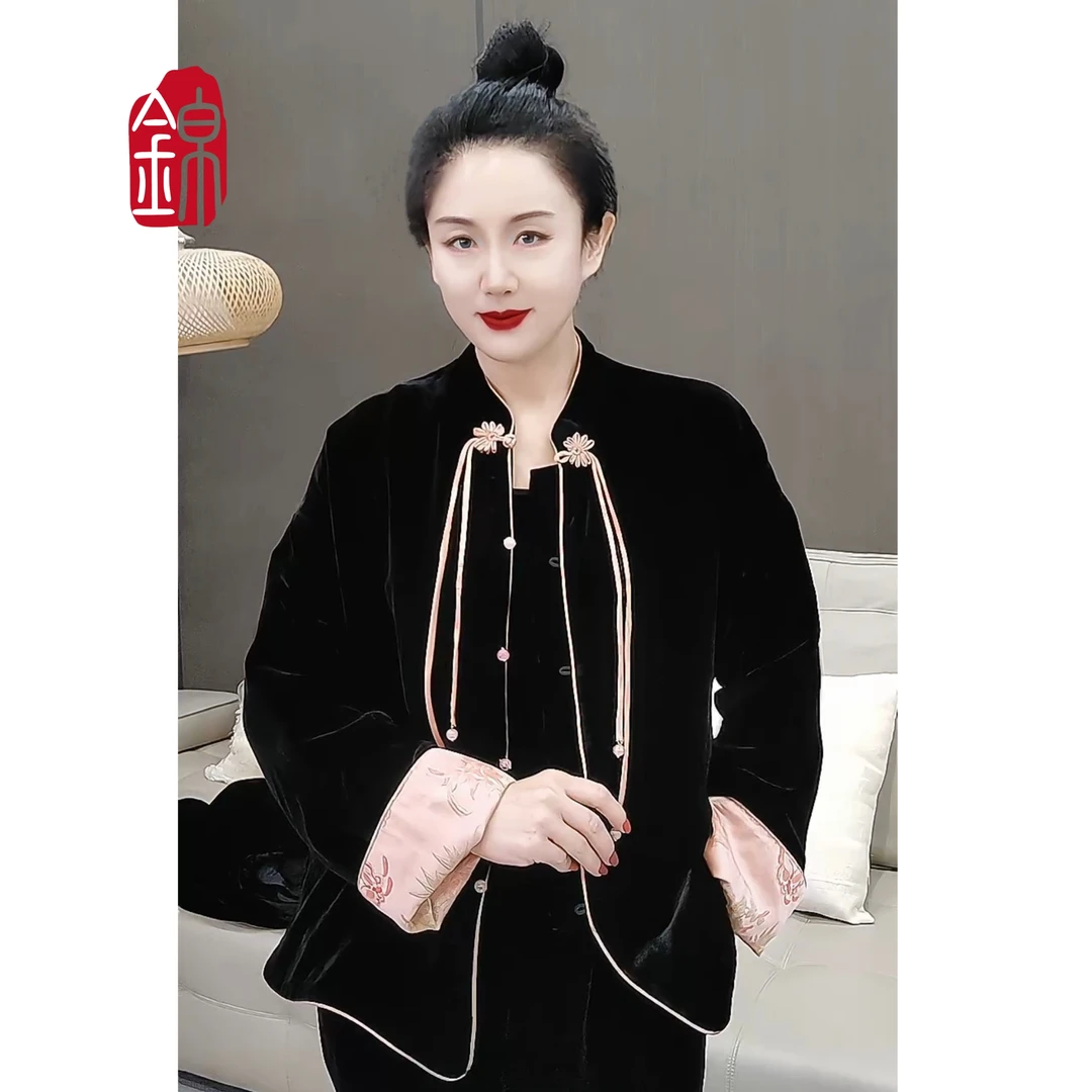 凤羽 秋冬桑蚕丝丝绒女装盘扣流苏气质国风复古唐装棉服24163