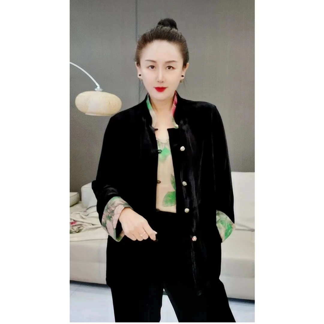 玉娥  秋冬桑蚕丝丝绒时尚显瘦气质百搭拼香云棉服唐装24151