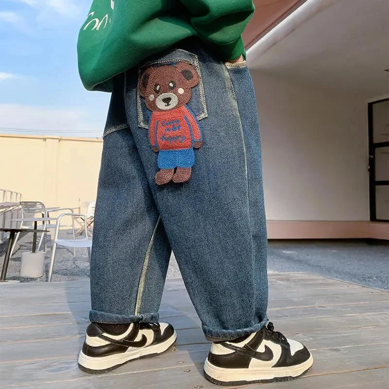 男童牛仔裤秋冬款加绒加厚长裤2023新款儿童冬季网红炸街冬装裤子