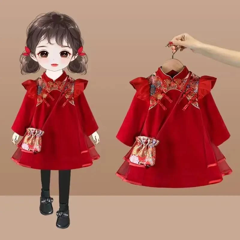 童装潮款Y女童旗袍连衣裙秋冬新款洋气中国风抓周宴裙子女