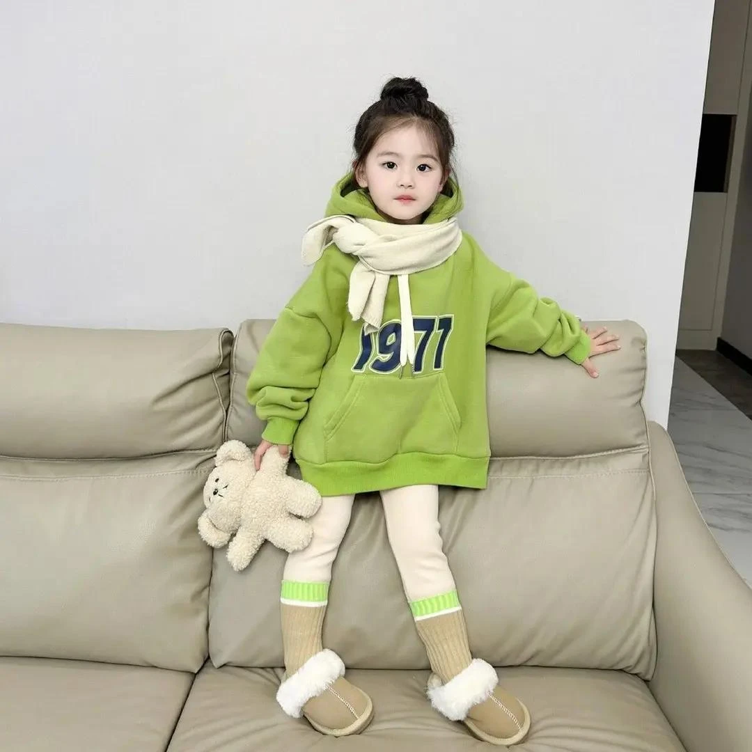 2023秋冬款套装童装韩版小童牛油果绿宽松加绒洋气连帽卫衣打底裤