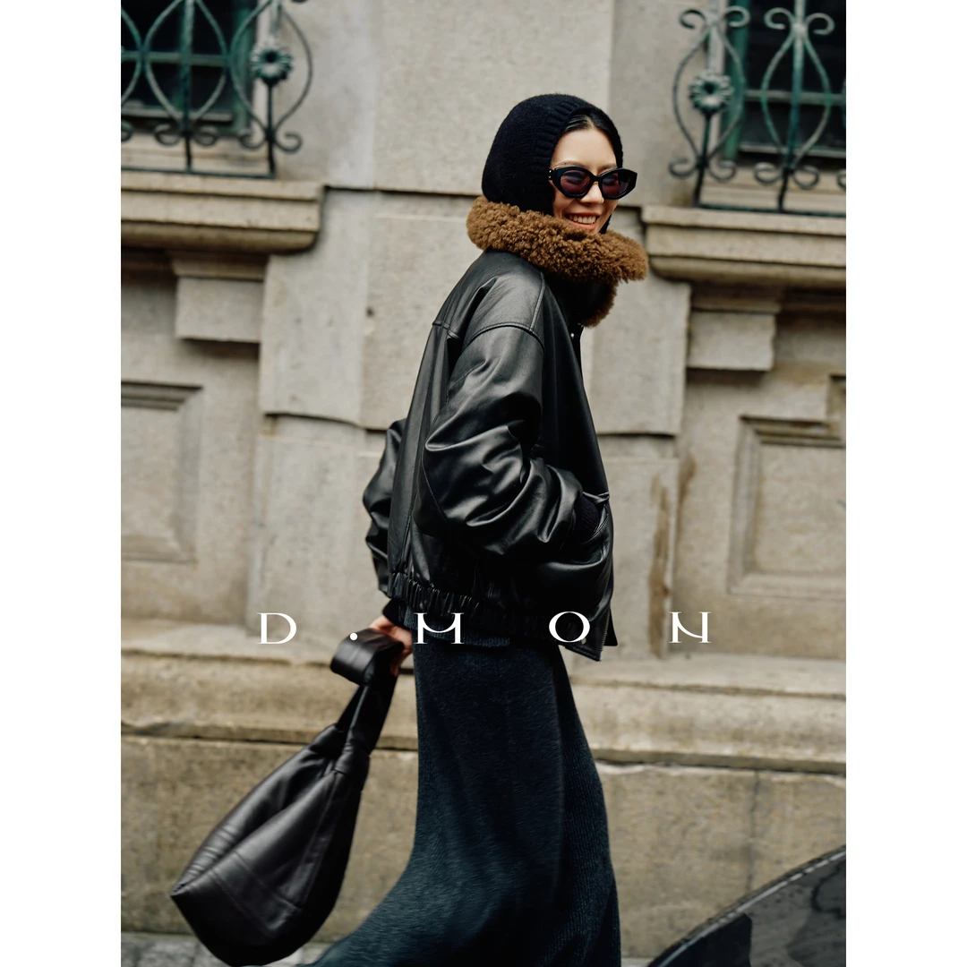 DMON|复古美学态度_翻领保暖皮夹克宽松外套A2409121
