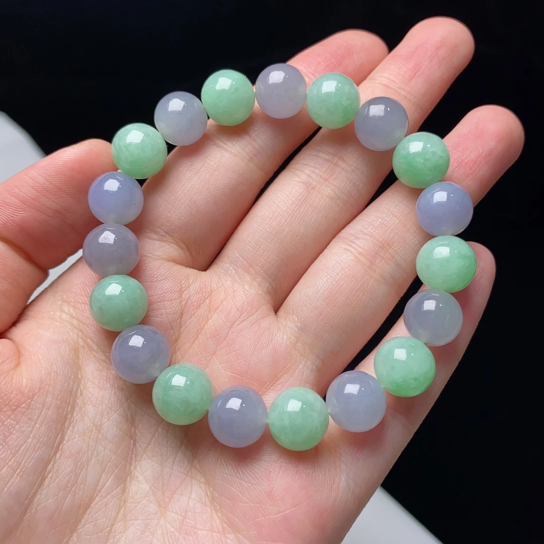 缅甸天然翡翠A货紫加绿马卡龙手链卡10mm