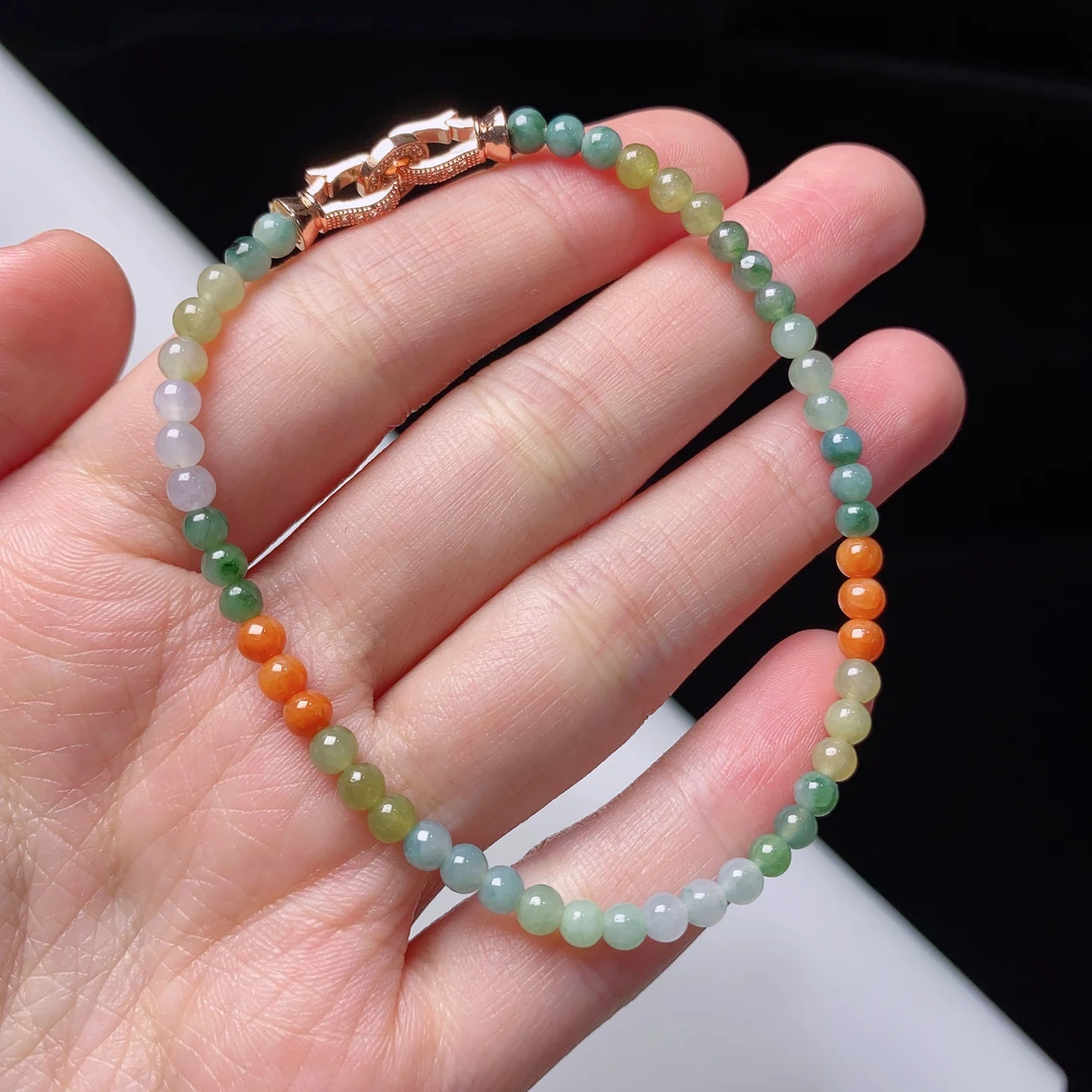 缅甸天然a货翡翠多宝小米珠手链卡3.6mm糖果色彩色