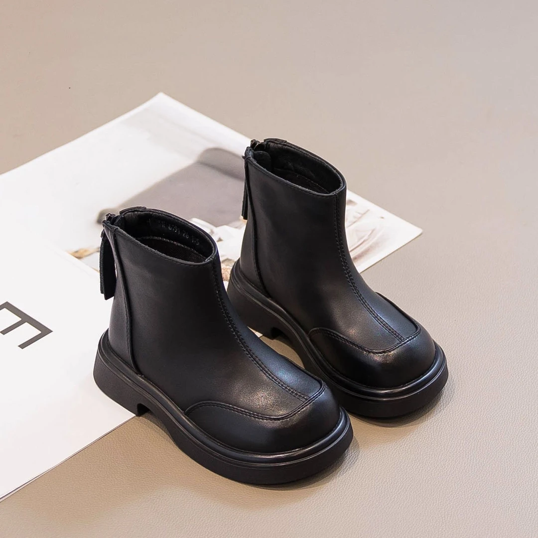 ABC女童靴子小短靴2024秋冬新款黑色儿童马丁靴加绒女宝鞋子皮鞋