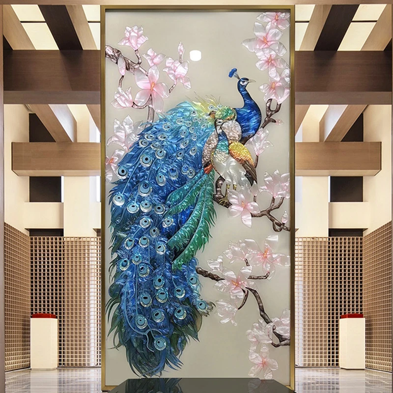 手绘珐琅彩画新中式玄关轻奢装饰画门厅大气挂画别墅壁画锦屏孔雀