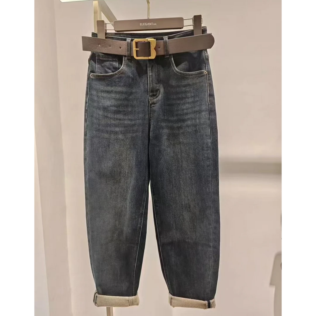 2024冬季薄绒牛仔老爹裤