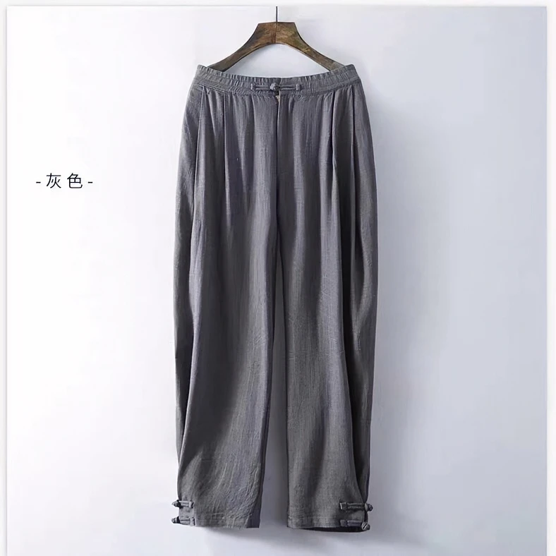 蒙鲤中国风春夏801休闲宽松纯色高腰百搭款禅修棉麻盘扣灯笼裤