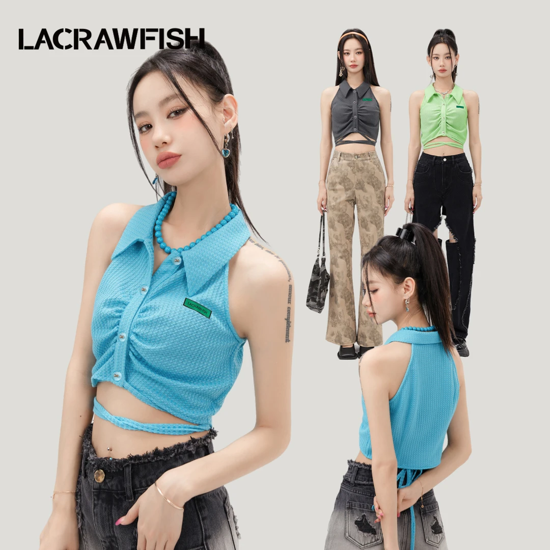 LA CRAWFISH甜辣风镂空纹理抽褶绑绳无袖T恤背心露腰辣妹上衣女