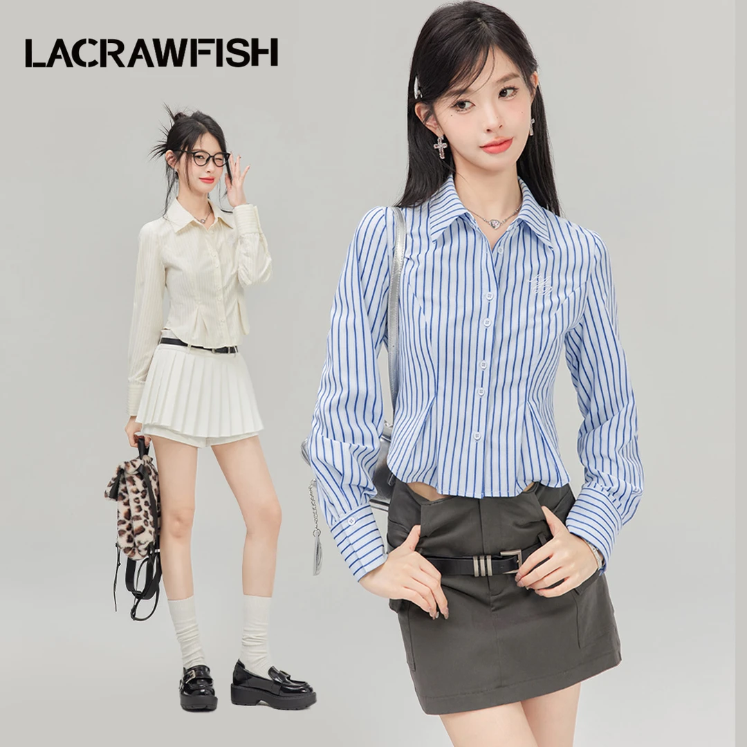 LA CRAWFISH美式学院风条纹衬衫女2023新款辣妹收腰修身显瘦上衣