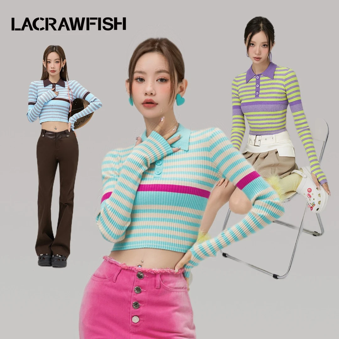 LACRAWFISH甜心辣妹 复古条纹撞色高弹力针织露脐直角肩短上衣