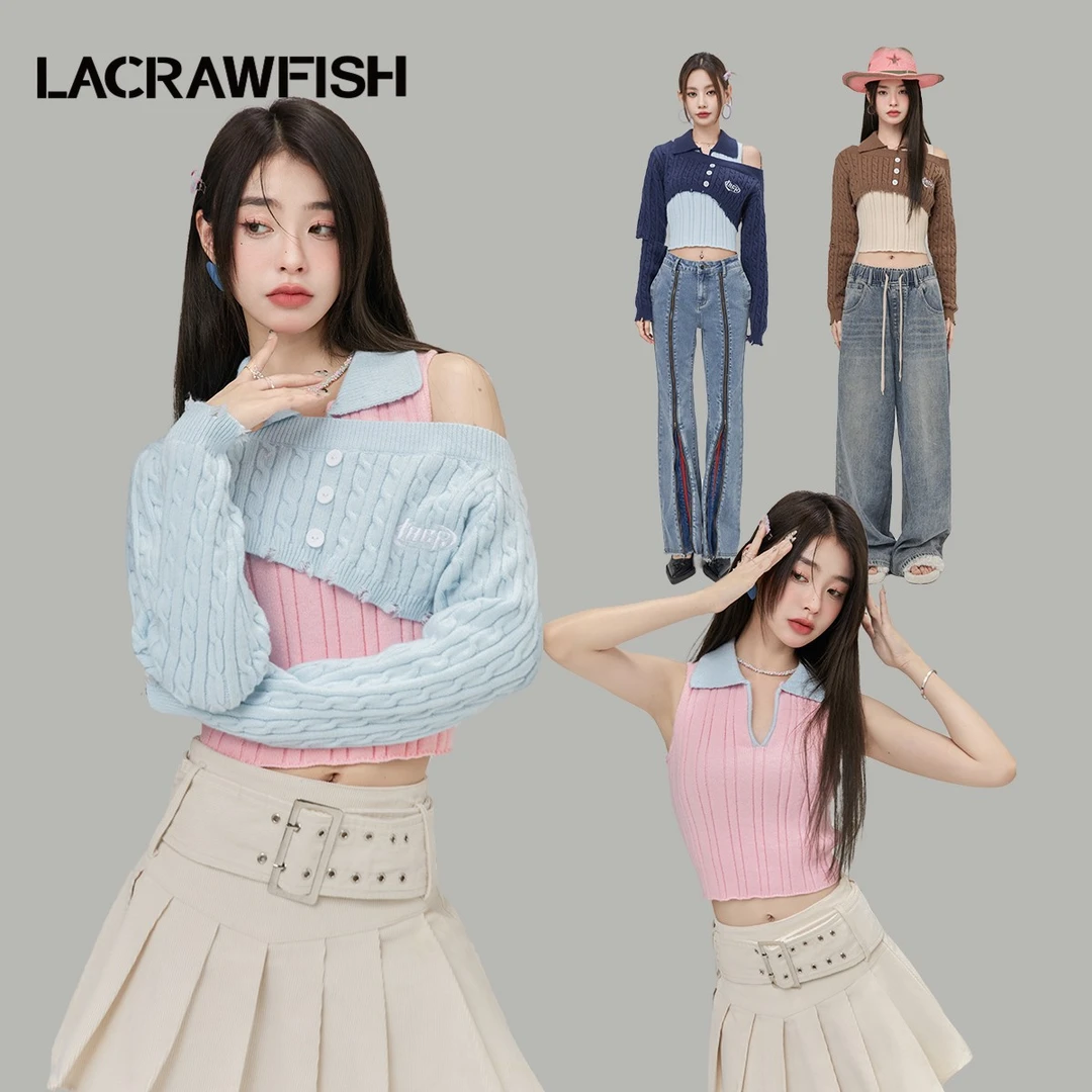 LACRAWFISH学院辣妹风镂空刺绣短毛衣不规则设计秋季针织衫两件套