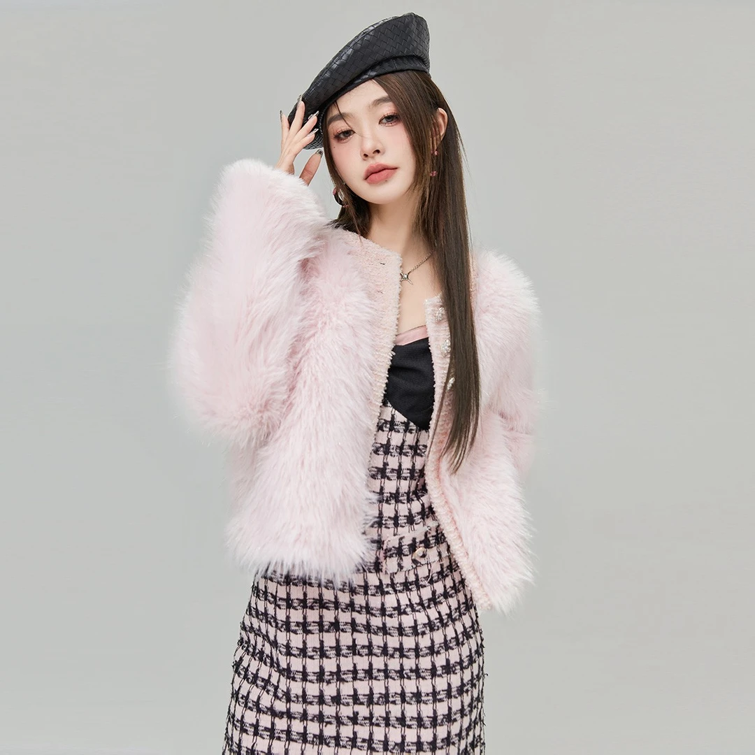曹曦月同款LACRAWFISH韩系千金小香风粉色甜美毛绒外套女