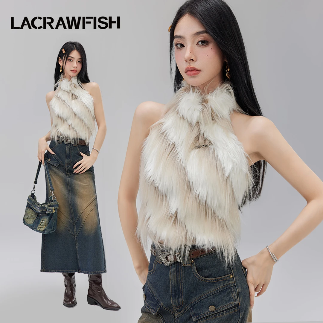 LA CRAWFISH富家千金风冰淇淋提花长毛辣妹露背挂脖无袖秋冬背心