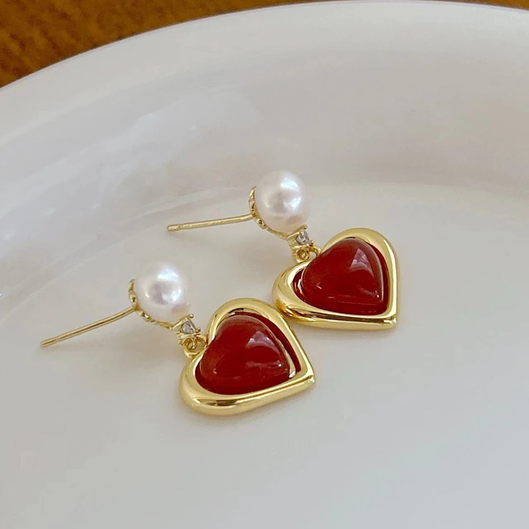 国风中国红复古爱心❤耳钉高级感树脂焦糖7-8mm天然淡水珍珠