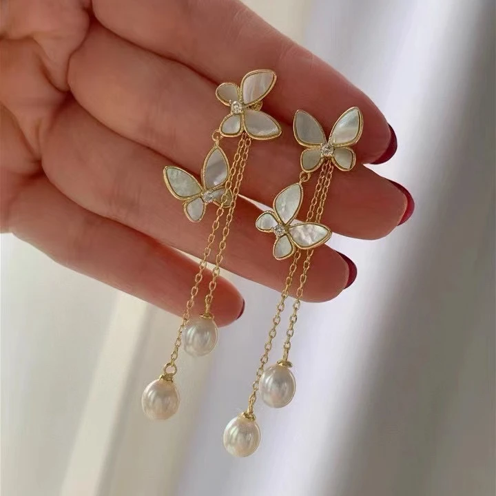 经典对称纷飞贝母蝴蝶流苏珍珠耳环仙气超仙