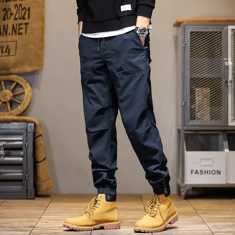 春秋款男士直筒休闲长裤潮流修身束脚裤百搭休闲裤大口袋裤子男薄