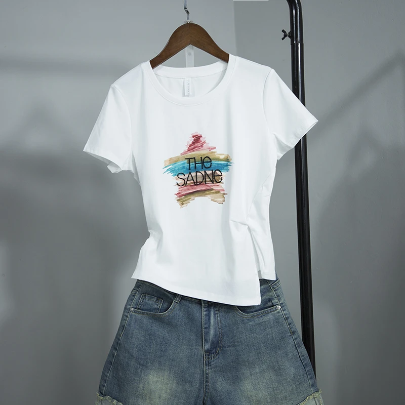 t恤短袖女显瘦白色半袖修身ins时尚休闲夏季印花圆领百搭体恤2024