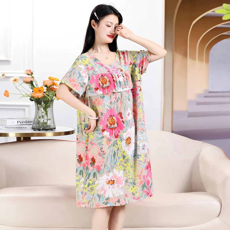 603睡衣棉绸套装中年女士夏季绵绸短袖九分裤宽松妈妈裙家居服