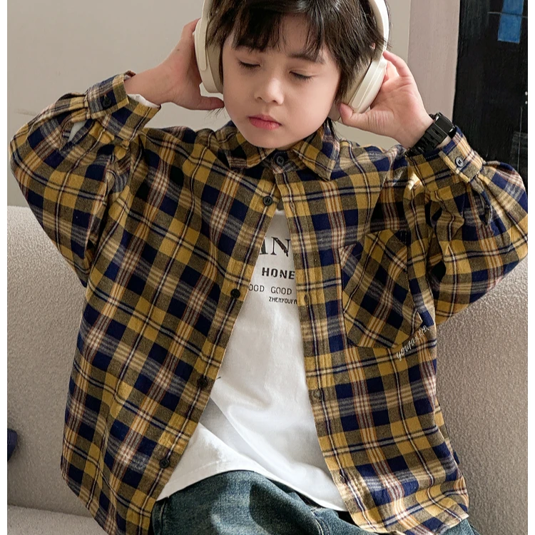 男童格子衬衫春秋款港风小衫2024新款儿童长袖复古衬衣外套潮童装