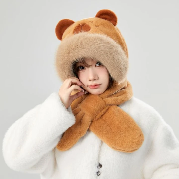 冬季新款卡皮巴拉加厚高品质保暖帽子围巾一体帽户外防寒情侣围巾