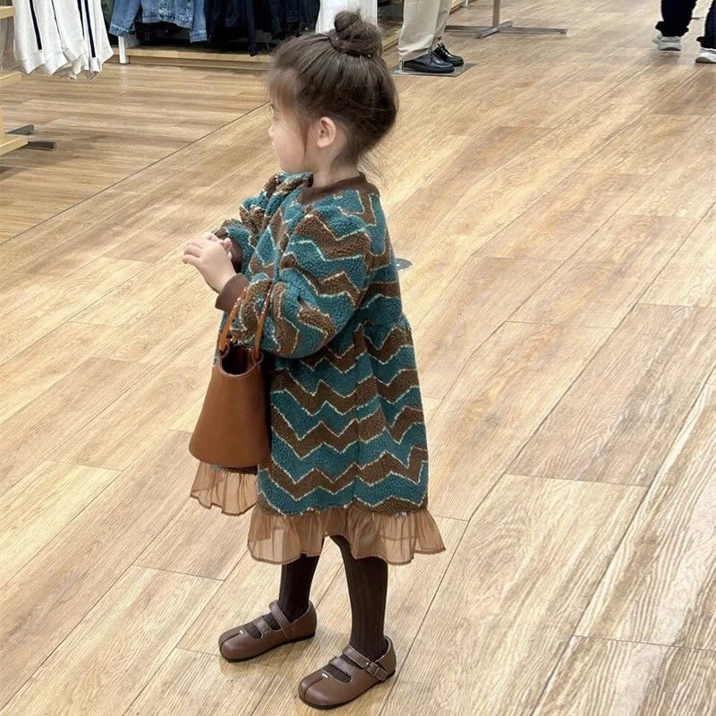 儿童冬裙洋气小女孩公主裙2024冬季连衣裙女童打底裙加绒厚花边裙