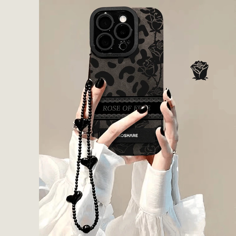 适用于苹果16pro华为vivo小米oppo皮质豹纹玫瑰支架女创意防摔ins