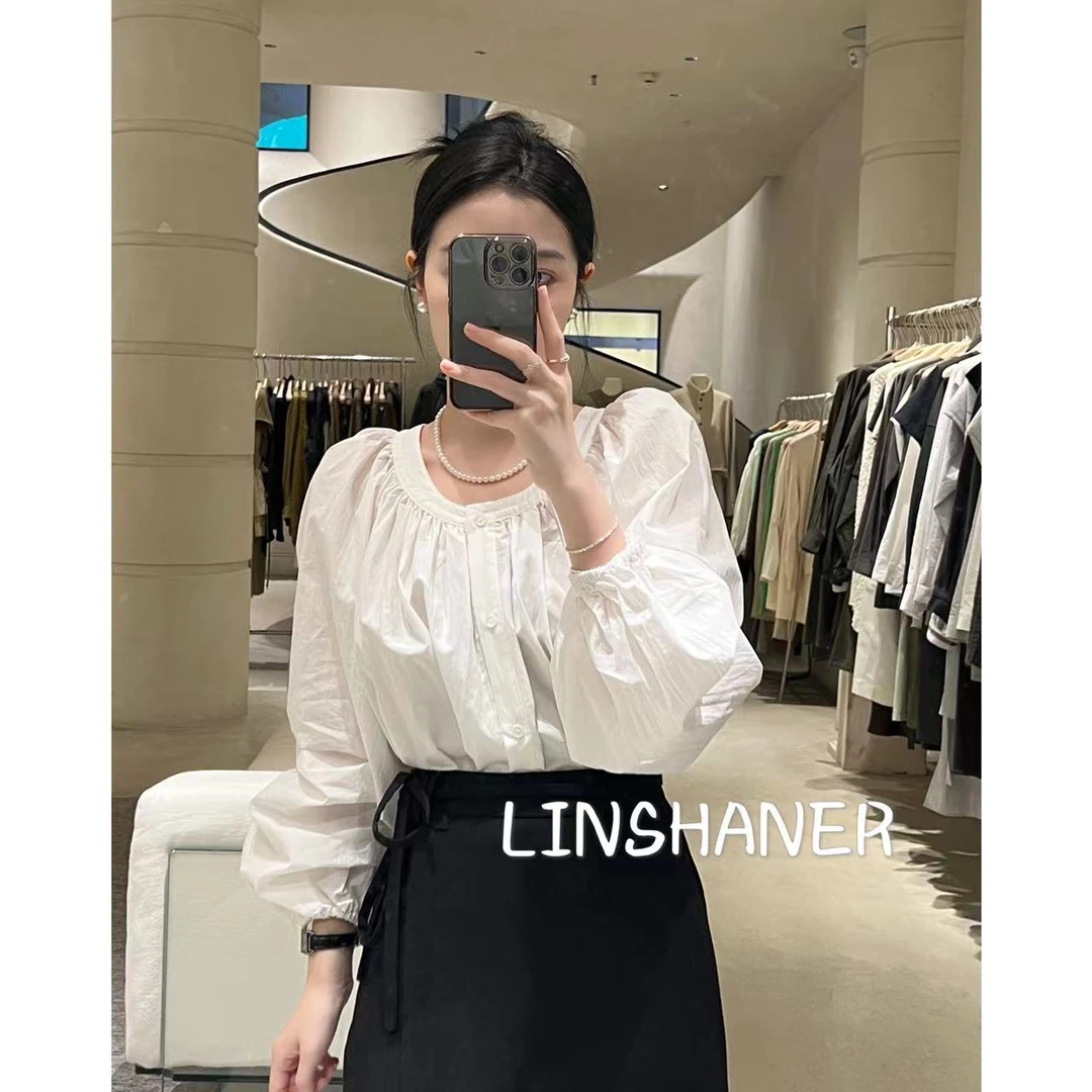林闪儿-简约U领褶皱衬衫H7466