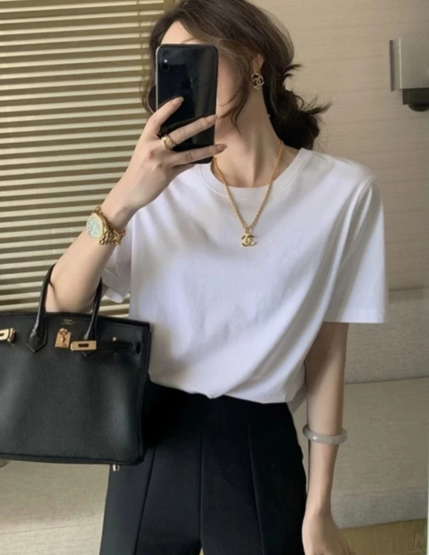 夏季新款女装精品棉纯色百搭时尚显瘦圆领短袖T恤1817