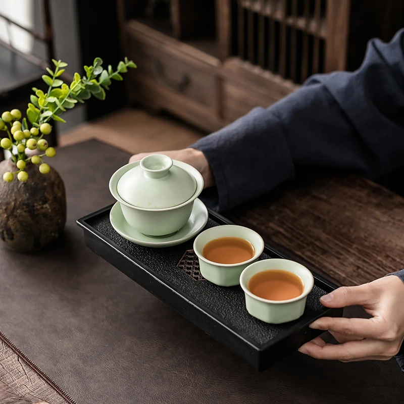 家用功夫茶具套装一盖碗二杯简约泡茶会客陶瓷喝茶茶杯干泡茶盘H