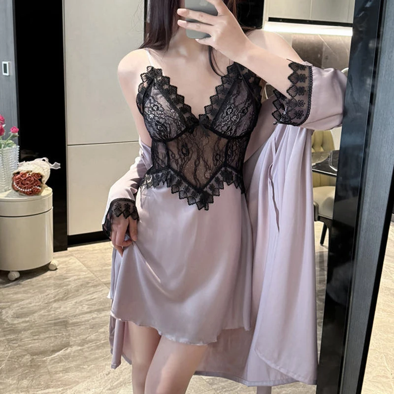 【美梦耳语】蕾丝诱惑显瘦冰丝睡裙套装性感吊带带胸垫睡衣