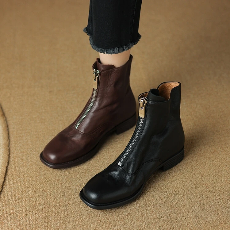 【指念】切尔西短靴真皮拉链平底休闲女靴秋冬新款透气百搭品质