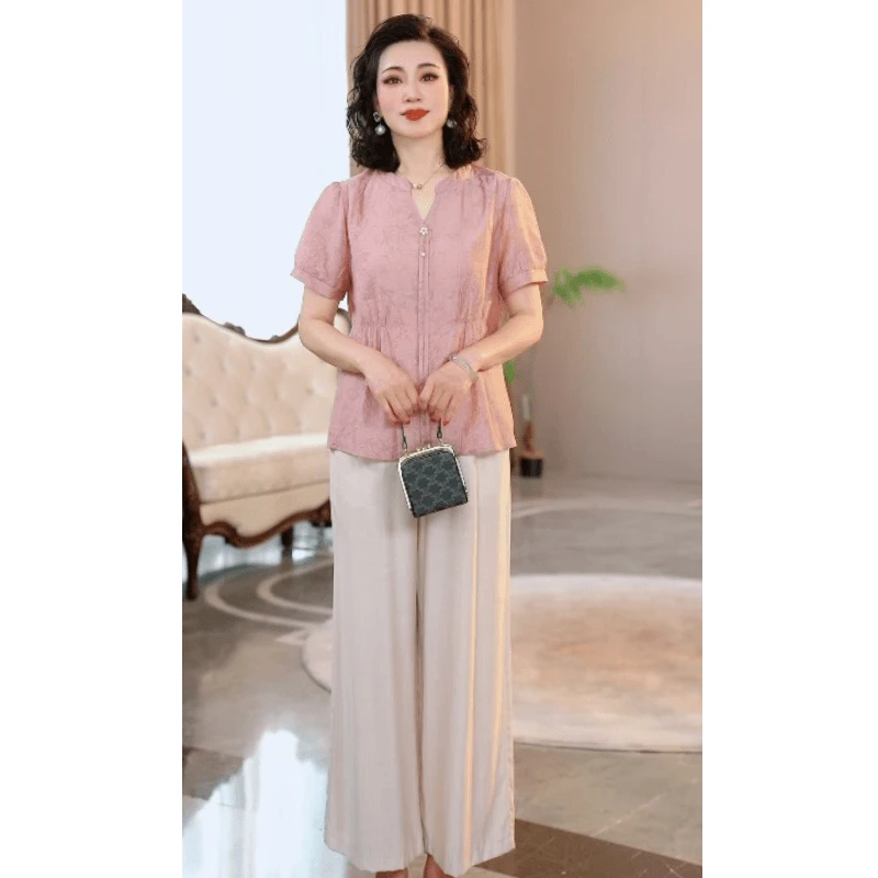 中年妈妈夏装t恤套装2024新款减龄宽松大码洋气小衫遮肚上衣