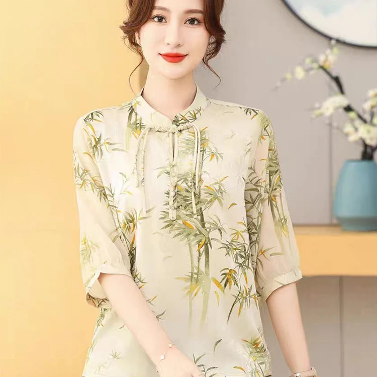 妈妈装夏款雪纺小衫时尚2024新款上衣服洋气套装中老年人短袖整套