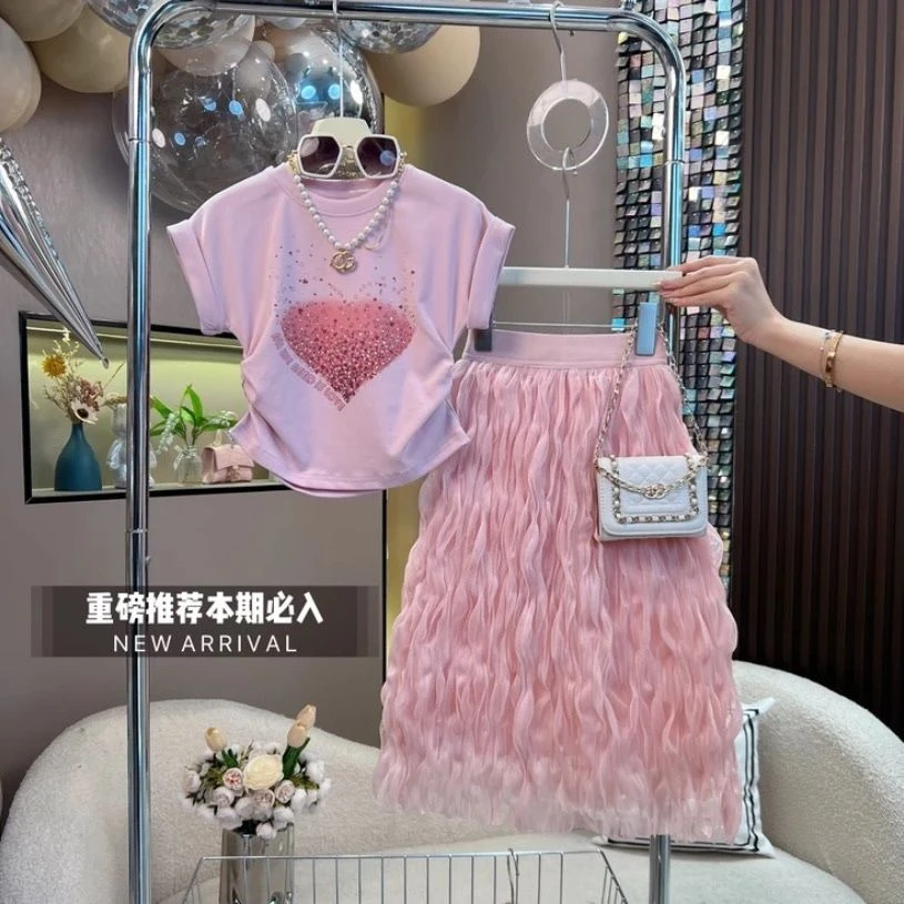 女童夏装套装2024夏季新款儿童洋气短袖T恤两件套女孩时髦长裙子