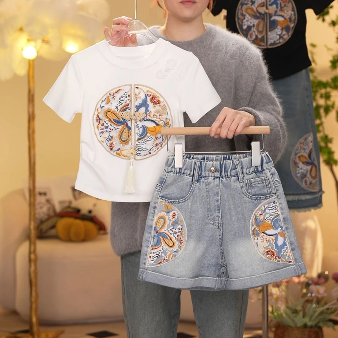 女童夏季中国风套装2024夏装新款儿童新中式短袖T恤牛仔裤两件套