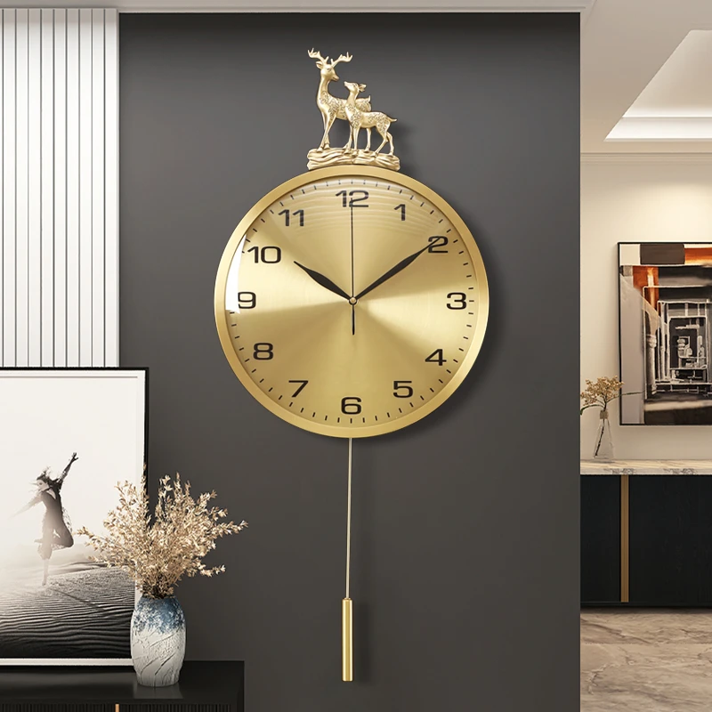 福禄新中式挂钟钟表客厅家用2023新款轻奢黄铜静音挂墙时钟石英钟