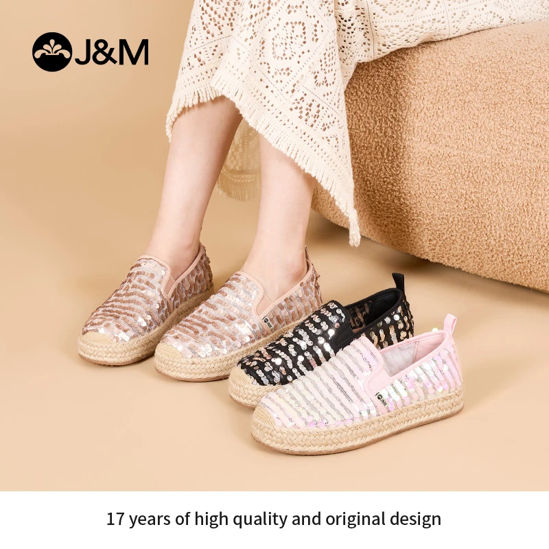 J&M/快乐玛丽2024春夏百搭网纱渔夫鞋编织亮片彩网面一脚蹬05693W