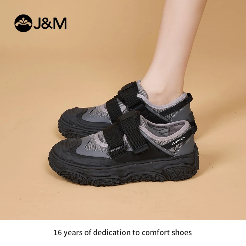 J&M/快乐玛丽新品撞色户外休闲女鞋复古厚底小众单鞋65565W