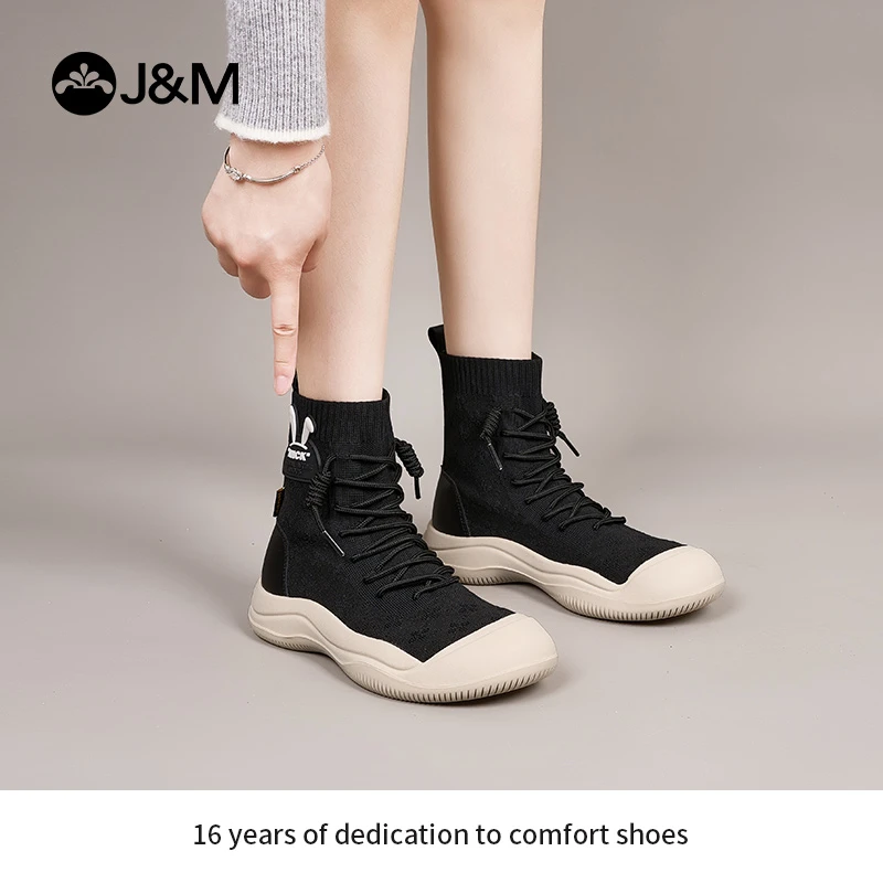 J&M/快乐玛丽2023年秋季新款袜靴弹力靴短靴中筒女靴学院65598W
