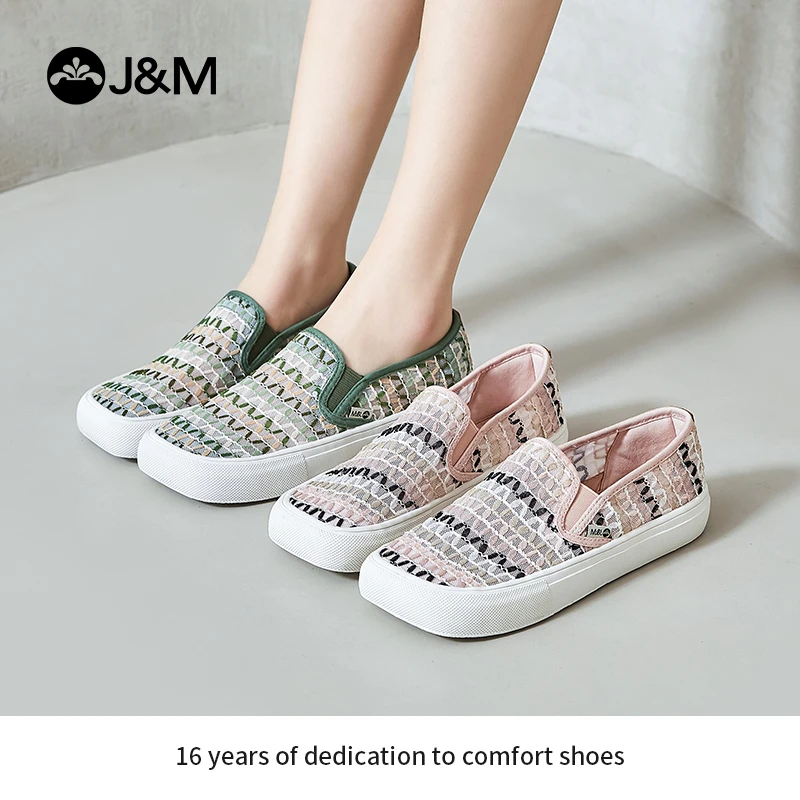 J&M/快乐玛丽2023夏款新品网面时尚百搭民族风方头乐福鞋65275W