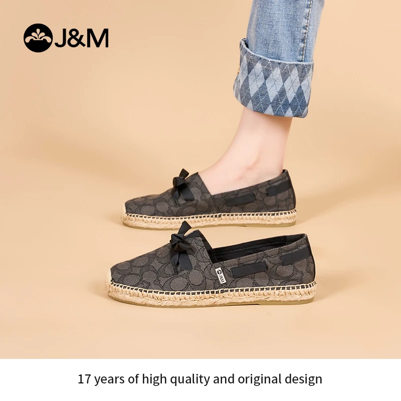 J&M/快乐玛丽2024年经典老花渔夫鞋浅口一脚蹬女鞋编织平底05662W