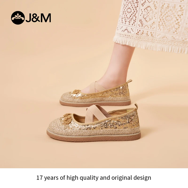 J&M/快乐玛丽2024亮片芭蕾舞风平底渔夫鞋夏玛丽珍软底女鞋69299W